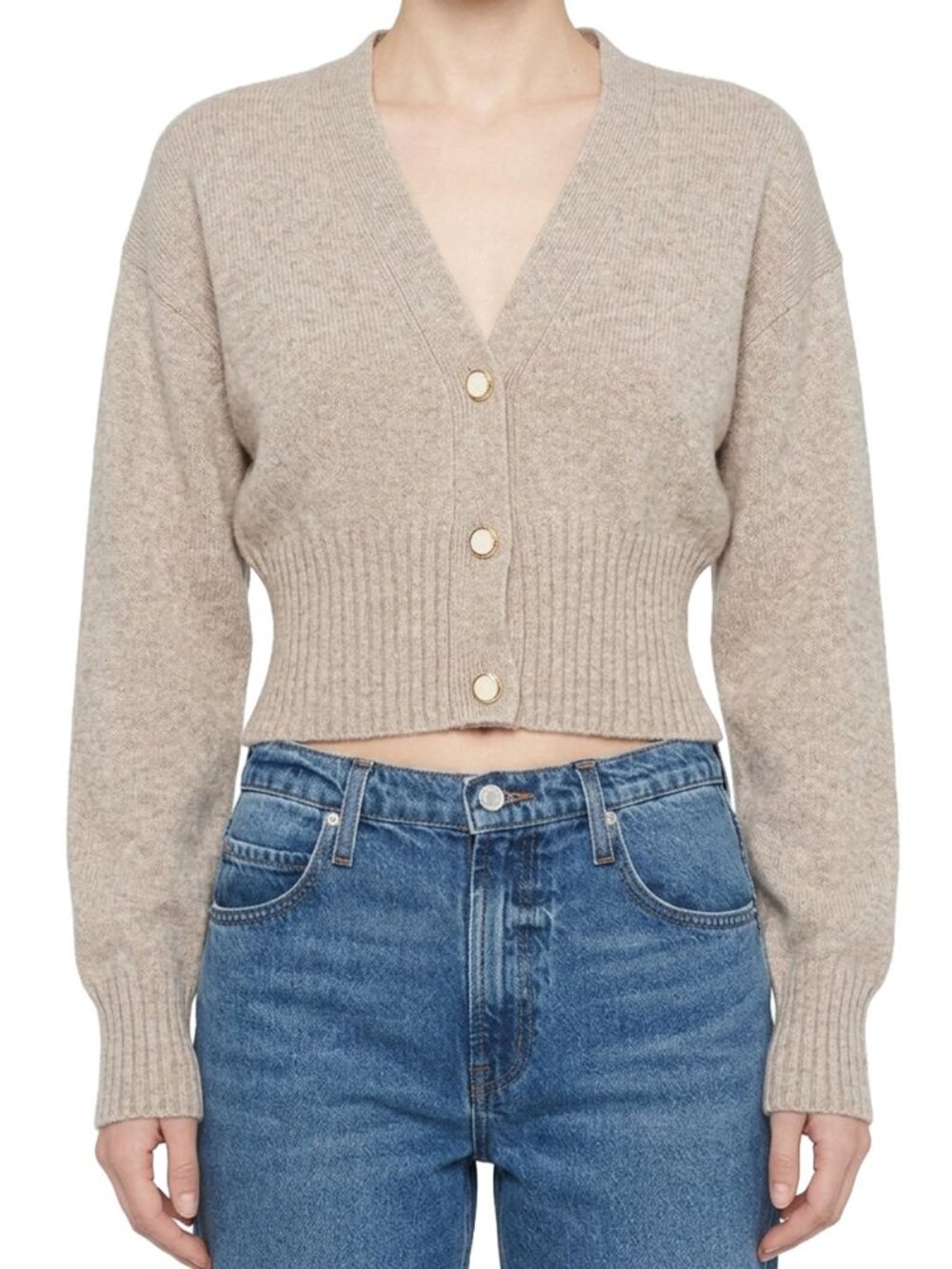Reformation Hana Cashmere Sweater Cardigan Cropped V-Neck Oatmeal Tan L